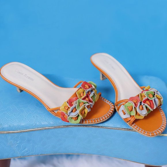 70's Orange Multicolor Leather Kitten Heel Slip on Sandals With Flower Applique! - Picture 1 of 10